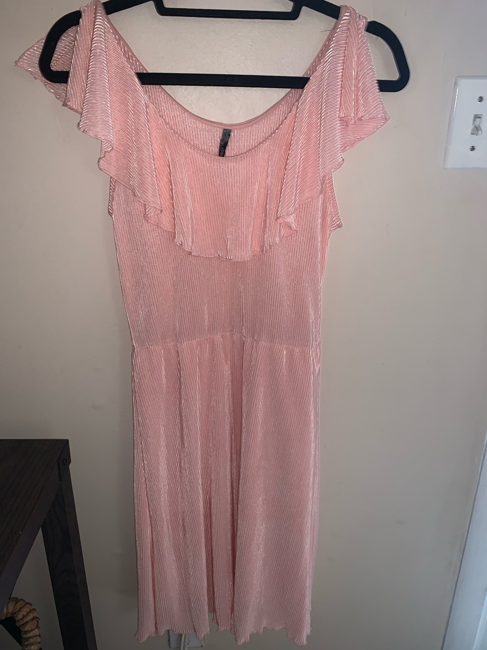 Pleated Ruffle Cold-Shoulder Midi Dress in Candy Pink